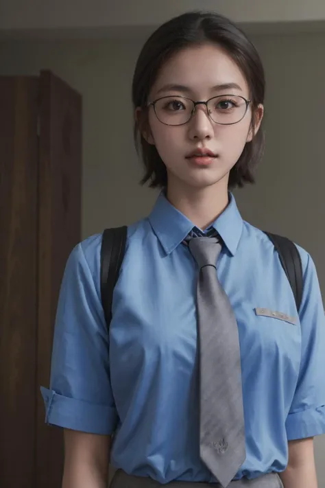 <lora:sg_cgsv1:0.7>, cgs_uniform, cgs tie, best quality, masterpiece, illustration, realistic, photo-realistic, amazing, finely detail, incredibly absurdres, huge filesize, ultra-detailed, highres, extremely detailed CG unity 8k wallpaper, Close-up, high-resolution photograph of a young Korean woman in a school uniform with a tie, in a school setting. She has large breasts, short hair, wears glasses, and has minimal makeup. The image features striking lighting and shadow effects.