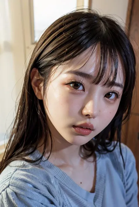 (8K, Raw photo:1.2),Detailed face and eyes,Best Quality, 超A high resolution, Highly detailed ,intricate detailes ,masutepiece ,Cute Girl , Soft cinematic light, Hyper-detailing,Sharp Focus, High quality,Sweat, ( Juice:1.3), ( Silly:1.3), blush, (Saliva:1.1), (Spread legs), (cum on chest:1.4), (cum on hair:1.5), (Bukkake:1.4), (NSFW:1.3), (cum on facial:1.6), looking up viewer, tits out