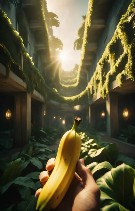 mesmerizing (artistic aesthetic candid cinematography:1.1) shot of polaroid optical refractive macrophotograph of first person view in a warfare in Urban garden, (holding a banana:1.2), labyrinthic hedge maze. gameplay screenshot, fps gameplay <lora:Future_Warfare_SDXL:1> (in style of Ellen von Unwerth:1.1), sunset natural soft light, ultra-realistic, ((swirly bokeh:1.2), (Kodak Portra 400:0.8):1.1), (epic surreal, rim lighting, low key light:1.1), remarkable masterpiece, celestial, ethereal, epic, magical light flares, natural soft dreamy lighting, ((warm-yellow and deep-carbon:0.7), (cinematic look:1.15):1.15)