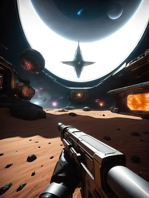 first person view in a warfare in Solar sail park, interstellar adventures with photonic ships navigating ethereal currents beyond Earth's atmosphere., gameplay screenshot, fps gameplay, epic, cinematic
