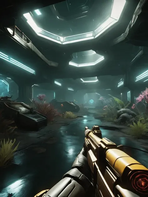 first person view in a warfare in Symbiotic botanical garden, bioluminescent flora and cybernetic roots, a harmonious union of nature and machinery., gameplay screenshot, fps gameplay<lora:Future_Warfare_SDXL:1>