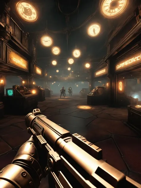 first person view in a warfare in Glitched clockwork emporium, steampunk automatons, time-bending devices, a labyrinth of temporal curiosities., gameplay screenshot, fps gameplay<lora:Future_Warfare_SDXL:1>