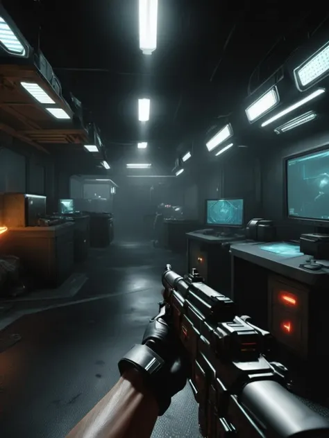 first person view in a warfare in Augmented street clinic, flickering fluorescent lights, bionic limb workshop, data jack installations, flickering monitors, virtual triage, chrome sterilization chambers, holographic medical diagnostics., gameplay screenshot, fps gameplay<lora:Future_Warfare_SDXL:1>