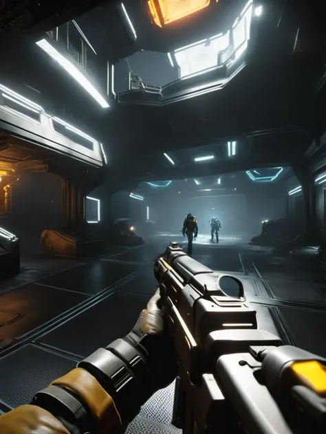 first person view in a warfare in Sanctuary for rogue AI, nurturing digital consciousness, exploring the ethical frontiers of sentient programming., gameplay screenshot, fps gameplay<lora:Future_Warfare_SDXL:1>