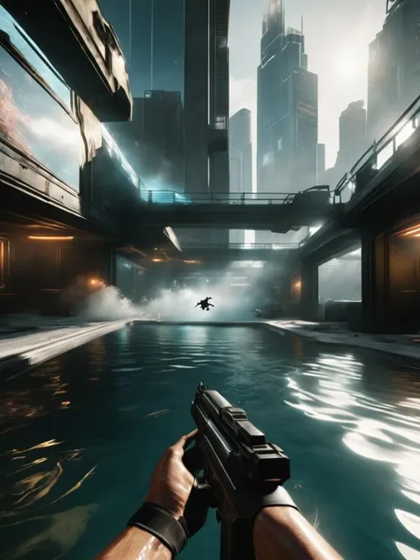 first person view in a warfare in Translucent rooftop pool, swimmers gliding through clear liquid, city skyline distorted in refracted splendor., gameplay screenshot, fps gameplay<lora:Future_Warfare_SDXL:1>
