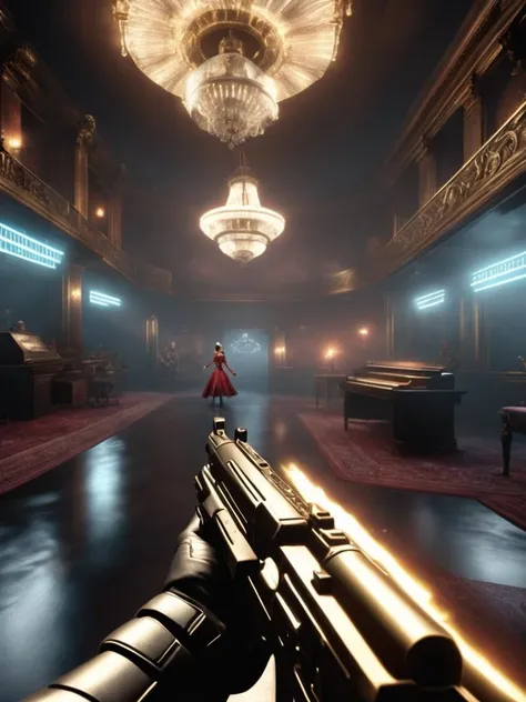 first person view in a warfare in Phantom opera house, holographic divas, pixel-perfect arias, AI maestros leading ensembles of digital virtuosos., gameplay screenshot, fps gameplay<lora:Future_Warfare_SDXL:1>