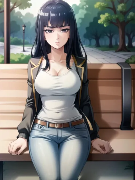 masterpiece, ultra high quality cg, best quality, soft lighting, 1girl, sitting on a park bench, tharja, casual clothing, white t-shirt, jeans