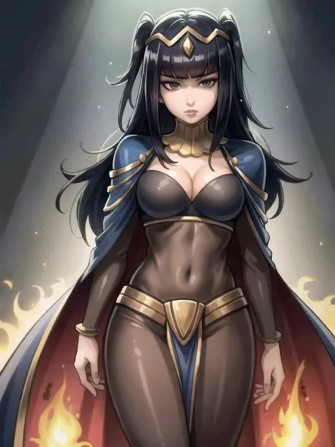 masterpiece, ultra high quality cg, best quality, soft lighting, 1girl, desert, tharja, tiara, cleavage, bodysuit, cape, loincloth, black leggings