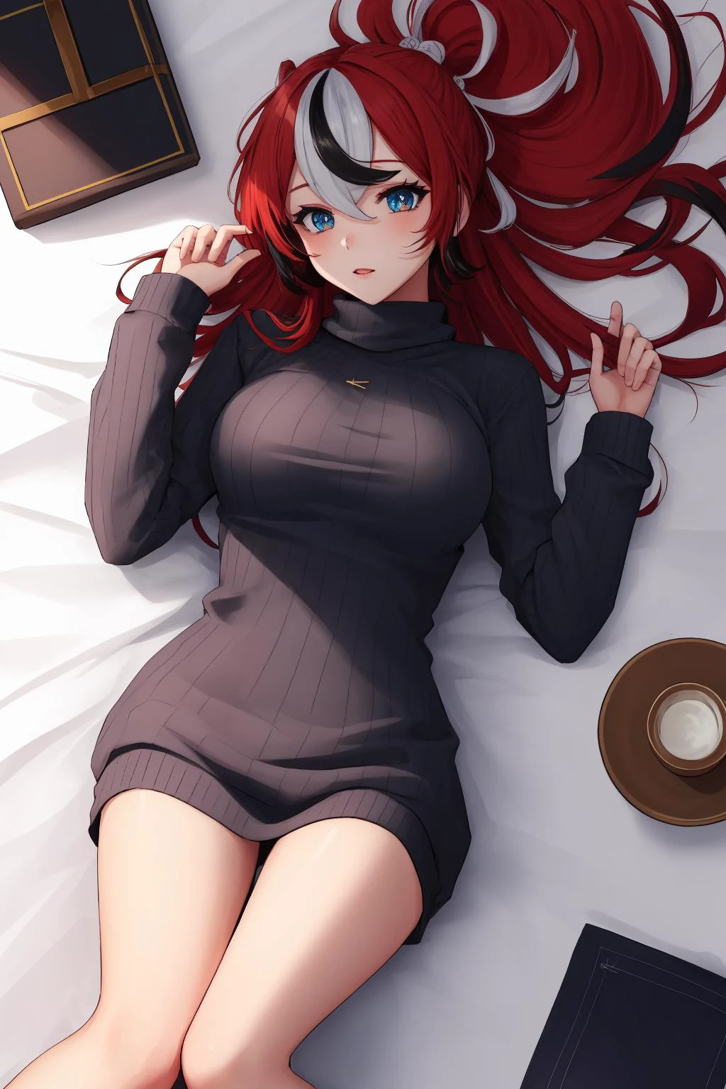 best quality, intricate details,(((from above, lying on table)))
1girl, long hair, red hair, messy hair, red highlights, blue eyes, sharp eyes,
choker,
hakos baelz, <lora:hakos baelz:0.8>
<lora:openChestSweater_v10:0.8> open-chest sweater, sweater, turtleneck,