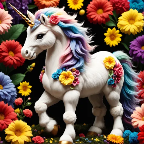 Colorful unicorn sitting in the bush
