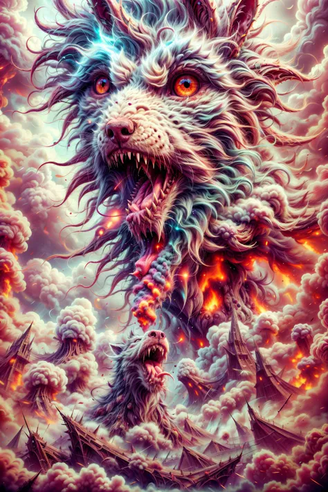 ((from below, looking up, fisheye)),(A huge wolf,Smoke from the nostrils,fangs,sharp teeth, tongue, big eyes:1.2), (angry face, detailed face, detailed eyes, :1.2),(absurdly long hair, long beard:1.1), ( fire storm, in a hurricane:1.2),(dynamic , action-packed , thrilling , fantastic realism:1.2), ((extremely detailed, intricate details, hyperdetailed)),(masterpiece, ultra-detailed, Unreal Engine), (rich,composition, cinematic:1.1),(backlight, blurry foreground),nice motion, nice lighting, fire vfx, fire moviments, fire spark particles, flame flow, lightning vfx, cold palette, depth of field, cool dark background, (fog,:1.1) (mist:1.1), Machinarium, postapocalypse , rain, artstation, sity,
<lora:add_detail:1>,
<lora:CosmicEldritchTech-20:0.85> eldritchtech, cosmic, dark energy,
<lora:TUYA5:0.5> <lora:martius_fuzz:0.8> martius_fuzz