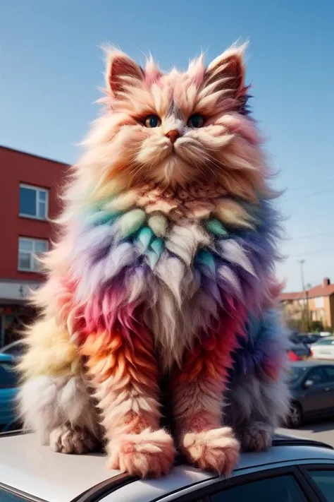martius_fuzz cat, ridiculously oversize, sitting on top of a car, colorful <lora:Colorful_Fuzzy_Style:1.0>