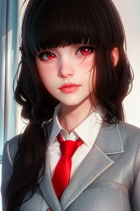masterpiece, (ultra-detailed background, delicate pattern, intricate detailed), (high-detail, fine details), bestquality, beautiful light, 1girls, bara, moon, Black Hair, lips, Red Eyes, long-haired, blunt bangs, gag, Red lips, ((slim girl, Little girl)), gloves, (Grey jacket, Dark blue skirt, short skirt, White collared shirt), Red tie, Intricate detail background, inside, School Environment, class room, blackboard, ((close up shot, portrait)), (((nsfw))),