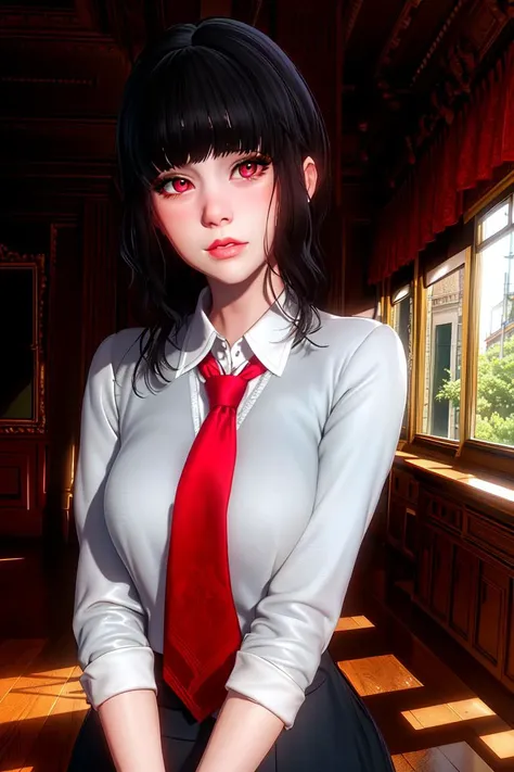 masterpiece, (ultra detailed background, delicate pattern, intricate detail), (highly detailed, fine details), best quality, beautiful lighting, 1girl, solo, Luna, black hair, lips, red eyes, long hair, blunt bangs, closed mouth, red lips, ((slim girl, petite girl)), gloves, (gray jacket, dark-blue skirt, short skirt, white collared shirt), red tie, complex detailed background, inside, school environment, classroom, blackboard, ((close-up, portrait)), <lora:Luna:0.7>