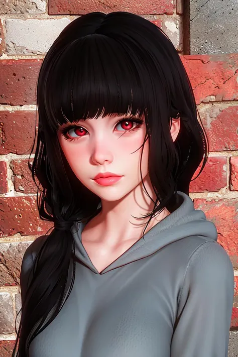 masterpiece, (ultra detailed background, delicate pattern, intricate detail), (highly detailed, fine details), best quality, beautiful lighting, 1girl, solo, Luna, black hair, lips, red eyes, long hair, blunt bangs, closed mouth, red lips, ((slim girl, petite girl, small breasts)), (gray hoodie, hood, dark pants), complex detailed background, outside, urban environment, townhouse, street, road, brick buildings, ((close-up, portrait)), looking at viewer, <lora:Luna:0.7>