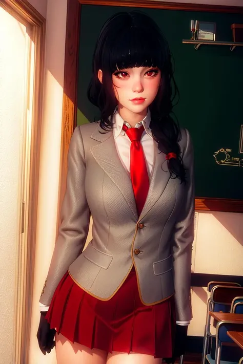 masterpiece, (ultra detailed background, delicate pattern, intricate detail), (highly detailed, fine details), best quality, beautiful lighting, 1girl, solo, Luna, black hair, lips, red eyes, long hair, blunt bangs, closed mouth, red lips, ((slim girl, petite girl)), gloves, gray jacket, dark-blue skirt, short skirt, white collared shirt, red tie, complex detailed background, inside, school environment, classroom, blackboard, (cowboy shot), <lora:Luna:0.7>