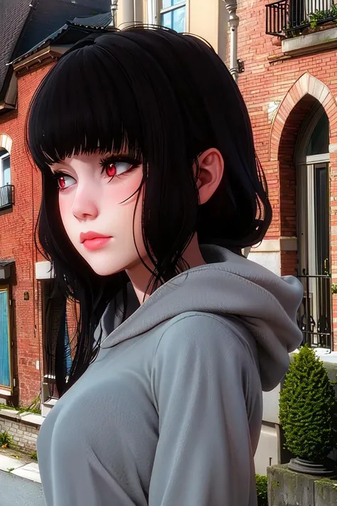 masterpiece, (ultra detailed background, delicate pattern, intricate detail), (highly detailed, fine details), best quality, beautiful lighting, 1girl, solo, Luna, black hair, lips, red eyes, long hair, blunt bangs, closed mouth, red lips, ((slim girl, petite girl, small breasts)), (gray hoodie, hood, dark pants), complex detailed background, outside, urban environment, townhouse, street, road, brick buildings, (close-up, portrait), looking away, <lora:Luna:0.7>