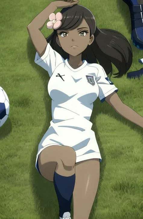 (ultra detailed), (best illustration),high quality,absurdres,best quality,masterpiece,1girl, mature female,<lora:nier_anime_style_offset:0.7>,<lora:Blossom:1>,(blossom), solo, (pink lips:0.4),(large breasts:0.9), soccer uniform, on back, soccer field, on grass,