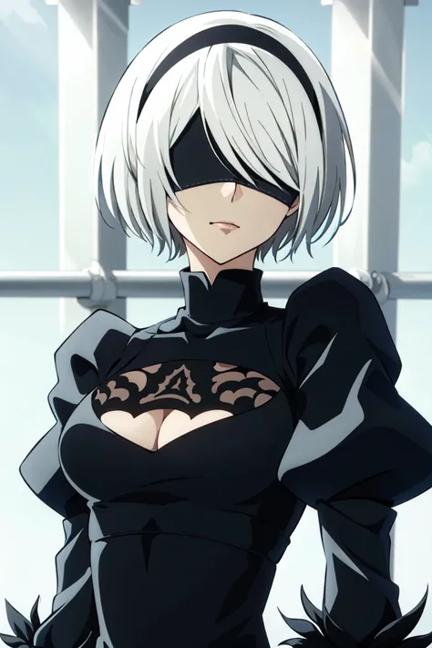 nier anime style, yorha no. 2 type b, 1girl, blindfold, solo, white hair, breasts, cleavage cutout, short hair, black blindfold, hairband, mole, dress, clothing cutout, cleavage, upper body, puffy sleeves, juliet sleeves, black dress, medium breasts, black hairband, long sleeves, covered eyes, turtleneck, closed mouth
, ((masterpiece))
<lora:nier_anime_style_offset:1>