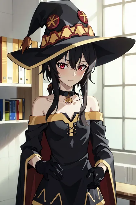 clamp \(circle\)<lora:clamp__circle__offset:1>, megumin, 1girl, bare shoulders, black cape, black gloves, black hair, blush, cape, choker, collarbone, dress, hair between eyes, hat, long sleeves, looking at viewer, medium hair, off-shoulder dress, off shoulder, red dress, red eyes, sidelocks, solo, witch hat, indoors, (masterpiece)