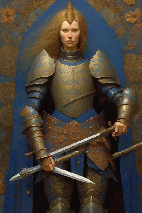 <lora:James C. Christensen Style:1>James C. Christensen Style - A fantasy female warrior heroine with plate armour, longsword and blue lotus behind him. Art by James C. Christensen