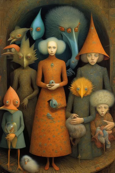 <lora:James C. Christensen Style:1>James C. Christensen Style - A surreal scene with unusual characters, mix the styles of Lenora Carrington, Remedios Varo and Frieda Khalo and MC Escher. A mysterious and magical invention.
