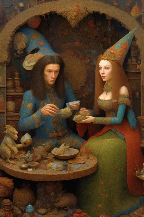 <lora:James C. Christensen Style:1>James C. Christensen Style - oil painting by James C Christensen, cryengine, awkward dating interactions, style of a love witch's blog, vibrant color intricate woodcarving master craftmanship