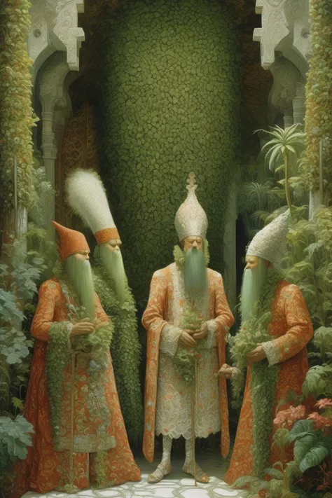 <lora:James C. Christensen Style:1>James C. Christensen Style - fantastically dressed supplicants and attendants of The Sanctuary at the citadel of Garden appear miniscule compared to the massive interplay of living plants and masonry fine as lace that define the sanctuary and its vast hall lit