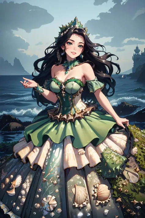 ((masterpiece,best quality,edgQuality)),(smile),standing,posing,solo,1girl,
 <lora:edgSeaweedGowns:1> wearing ballgown, with (seashells,seaweed), edgseaweed, edgseaweed_dress