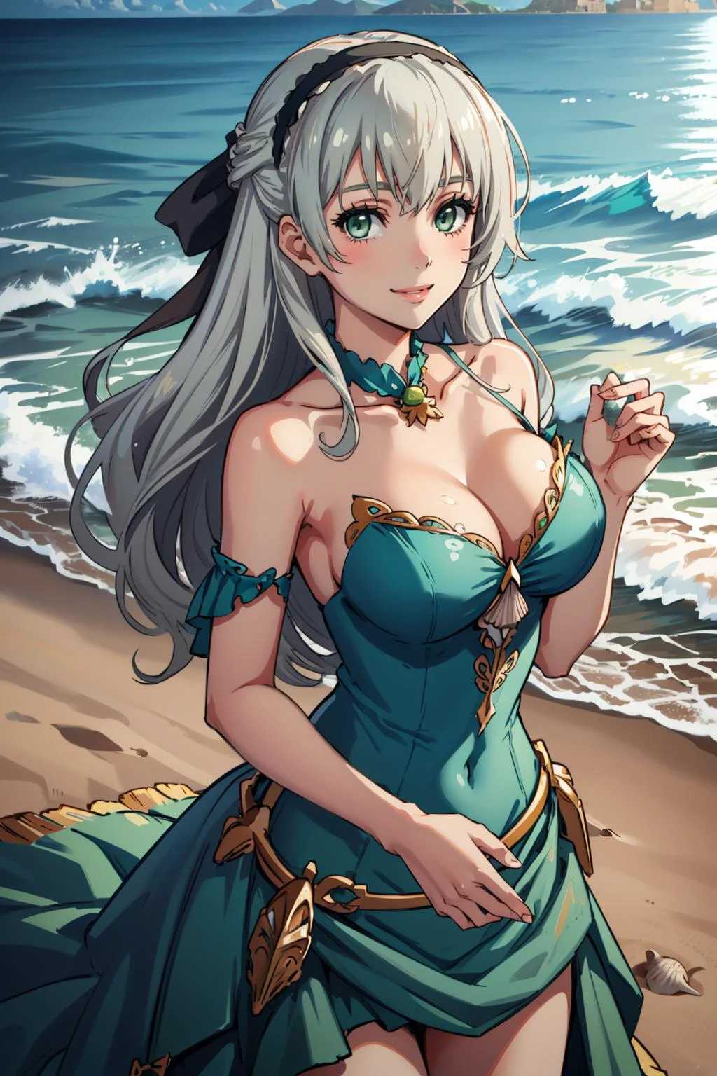 masterpiece, best quality, <lora:edgSeaweedGowns:1.25> wearing ballgown, with seashells, edgseaweed, edgseaweed_dress, green dress <lora:elie-nvwls-v2-zero:0.75> elie macdowell, silver hair, green eyes, hairband, hair ribbon, large breasts, ocean, beach, looking at viewer, smile