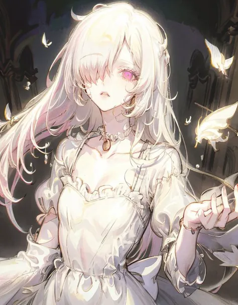 masterpiece, best quality,1girl, a woman, pink eyes, white hair, long hair, white dress, frills, birdcage, moths, collarbone, (mansion interior:1.2), (hair between eyes), despair, innocence, yoshitaka amano character design, style by NTY, lily, morbid, solo <lora:PsychoMode:0.7>, <lora:mekakure_right_v100:0.9>, right eye is hidden, hair over one eye, [ballgown|edgMarquise], wearing a ballgown, edgMarquise,  <lora:MarquiseGown:0.8>