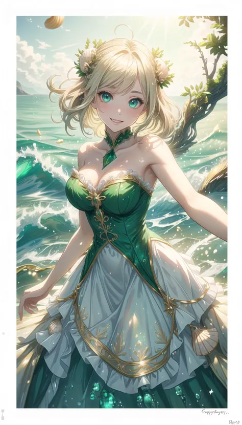 professional art of a girl, wearing ballgown, with seashells, edgseaweed, edgseaweed_dress, long gold hair, emerald eyes, 
naturemagic, magical energy, 
<lora:PAseer-SD15-LCM Quick:0.8>, <lora:edgSeaweedGowns:0.8>, <lora:NatureMagic:0.4>