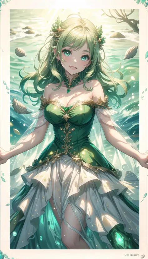 professional art of a girl, wearing ballgown, with seashells, edgseaweed, edgseaweed_dress, long gold hair, emerald eyes, 
naturemagic, magical energy, 
<lora:PAseer-SD15-LCM Quick:0.8>, <lora:edgSeaweedGowns:0.8>, <lora:NatureMagic:0.4>