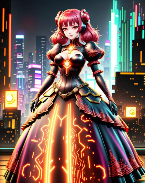 4K, Masterpiece, highres, absurdres,natural volumetric lighting and best shadows,ballgown,a woman in a (mecha outfit,wearing edgMechaGirl cyber_armor:0.8) , (wearing a ballgown:1.2),cyberpunk setting,metallic embroidery,cowboy shot <lora:NeonGown:0.88>