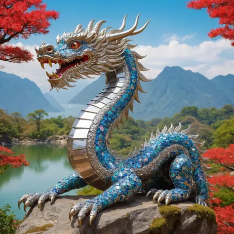 dragon made out of gems and platinum, asian style, vibrant and extravagant background, landscape view, intricate detail, realistic