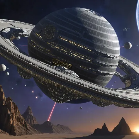 Death Star, mega structure, space, orbital laser, planetside destruction, intricate detail