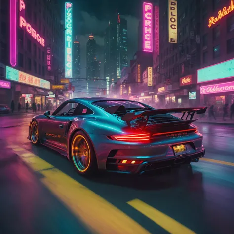 Cyberpunk style Porche driving down cyberpunk city road at night, neon signs, steam, dynamic lighting, intricate detail