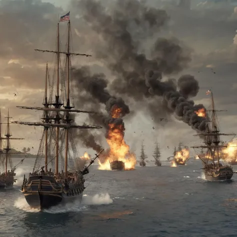 epic battle scene, ships at sea, cannons firing, bombs, explosions, smoke, shrapnel, colonial era