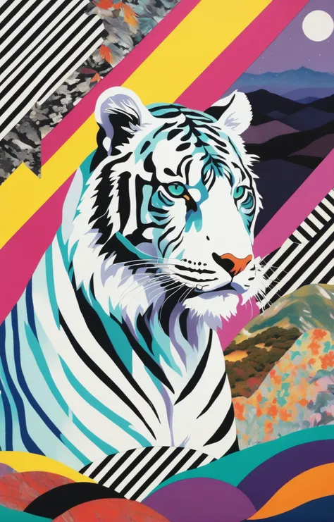 collage patterns vibrant colors, a white tiger atop a mountain, diagonal stripes , houndstooth , diagonal stripes, <lora:Tomat:.8> cosmic, check,
