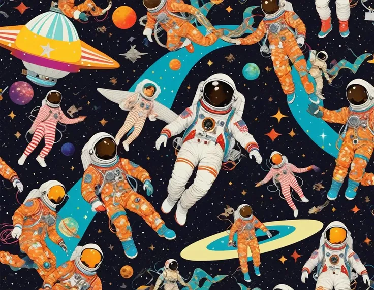 collage patterns vibrant colors, astronaut dangling in space connected to his shuttle, spiral patterns , fleur de lis, demask , houndstooth , diagonal stripes, <lora:Tomat:.8> cosmic,