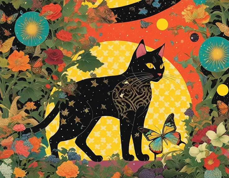 collage patterns vibrant colors, a black cat navigating through a haunted forest , fleur de lis, demask , houndstooth , diagonal stripes, <lora:Tomat:.8> cosmic, stars and planets ,