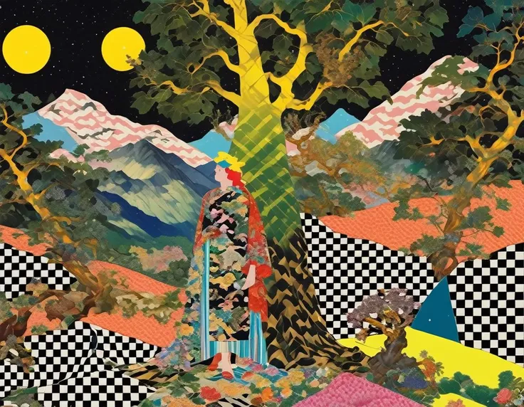 collage patterns vibrant colors, galatea cowering in fear hiding in the shade of a tree by a mountain   as a giant ogre with one huge eye stalks in the distance   , diagonal stripes  , houndstooth , diagonal stripes, cosmic,  check,  <lora:Tomat:.8>