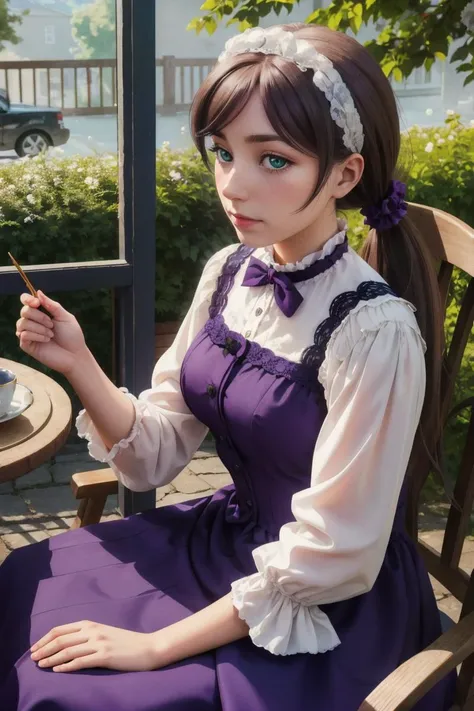 professional photo of toujou nozomi, green eyes, long hair, low twintails, scrunchie, BREAK purple dress,
detailed skin, detailed eyes, victorian tea house,
photo made with Canon EOS in natural style photography,
popular on artstation, popular on deviantart, popular on flicker,
<lora:NozomiLL_v1-04:0.68:MIDD>