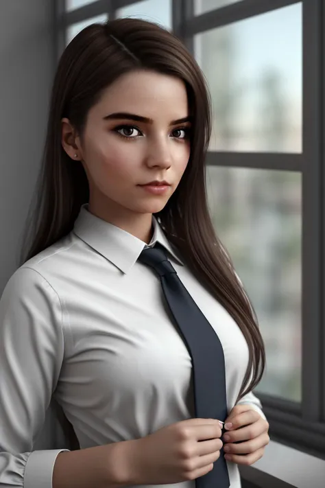 RAW photo, young woman, wearing a tie, slender fingers, school, indoors, (soothing tones:1.25), (hdr:1.25), (artstation:1.2), dramatic, (intricate details:1.14), (hyperrealistic 3d render:1.16), (filmic:0.55), (rutkowski:1.1), (faded:1.3), bad-hands-5