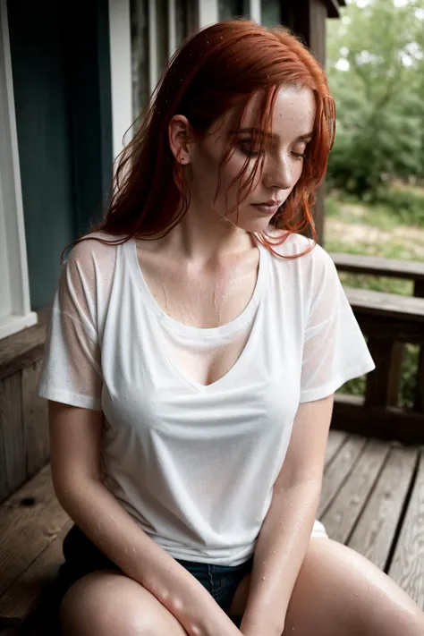 a portrait of a (soaking wet of a milk:1.2) redhead, freckles teacher is sitting on a porch, [nipples : white shirt : 18], visible nipples through the white top t-shirt, slate atmosphere, cinematic, dimmed colors, dark shot, muted colors, film grainy, lut, insane details, intricate details, hyperdetailed, closeup, twilight
 <lora:AnyaTaylorJoy:0.7>, looking at the viewer