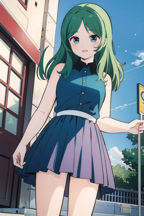 (ultra-detailed:1.3), (super fine illustration:1.2), (best quality:1.3), (masterpiece:1.3), (disheveled hair, beautiful detailed eyes:1.1), (high resolution),
1 girl,
(short hem, Tulle skirt), sky,
cowboy shot, blush, smile,
<lora:RosaAfrodiaV1:0.7>RosaAfrodia, green hair, long hair