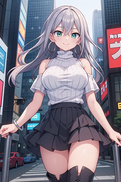 insanely detailed, absurdres, ultra-highres, ultra-detailed, best quality,
1girl, solo, nice hands, perfect hands
BREAK
(Cyberpunk theme:1.2), ((wear an oversized white turtleneck with holographic circuit pattern) paired with (black A-line layered skirt):1.2), (black thigh-high boots:1.2)
BREAK
(silver accessories:1.2), (silver hoop earrings:1.2), (silver ankle bracelet:1.2)
BREAK
happy smile, laugh, closed mouth
BREAK
from below,
standing, cowboy shot, looking at viewer
BREAK
slender, kawaii, perfect symmetrical face, ultra cute girl, ultra cute face, ultra detailed eyes, ultra detailed hair, ultra cute, ultra beautiful
BREAK
shibuya, akihabara, tokyo, street, crowd, cityscape, depth of field, ultra detailed background
BREAK
large breasts
BREAK
red hair, green eyes, herringbone braids, hair between eyes
