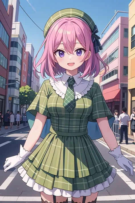 insanely detailed, absurdres, ultra-highres, ultra-detailed, best quality,
1girl, solo, nice hands, perfect hands
BREAK
((gothic dress, Idol costume):1.3), (green and white theme:1.2), (white blouse:1.4), ((white collar, tie):1.3), (open short-cape:1.3), (short sleeve:1.2), (green tartan-check pattern (ruffle-skirt, multilayer-skirt):1.4), (white basque-beret with ribbon:1.3), (Fishnet stockings:1.3), (glove:1.2)
BREAK
smile, laugh, open mouth, standing, (45 angle:-1.5), (from side:-1.5), cowboy shot
BREAK
slender, kawaii, perfect symmetrical face, ultra cute girl, ultra cute face, ultra detailed eyes, ultra detailed hair, ultra cute, ultra beautiful
BREAK
in harajuku, shibuya, tokyo, street, crowd, cityscape
BREAK
medium large breasts, (cleavage:-1), (nsfw:-1.5)
BREAK
(purple hair, black eyes), hair between eyes