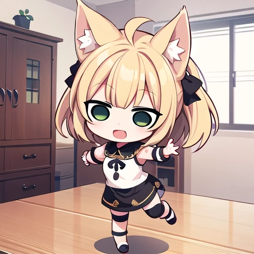 <lora:hotarueye_jitome1_v100:1>, 1girl, (chibi:1.4), smile, open mouth, dynamic angle, dynamic pose, animal ear, blonde hair, indoors