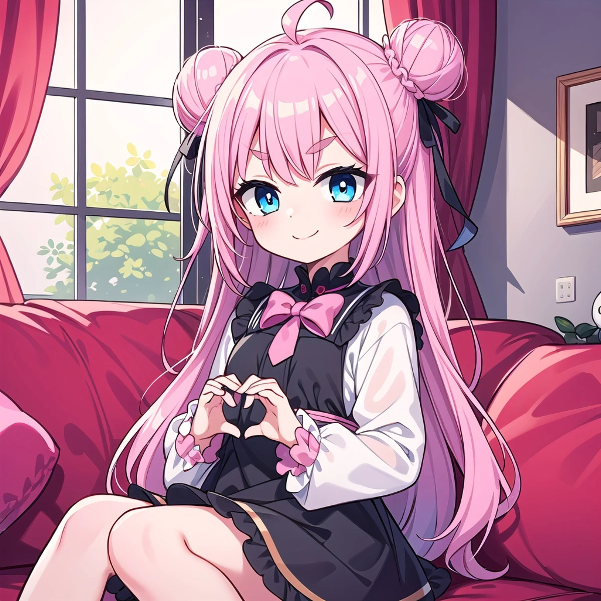 highres, masterpiece, 1girl, (very cute ), female child, solok hair, long hair, double bun, heart ahoge, thick eyebrows, blue eyes, smiling, looking at the viewer, BREAK very detailed, wearing cute ouftit, happy, inside, in the living room, at home, sitting on the couch, heart hands